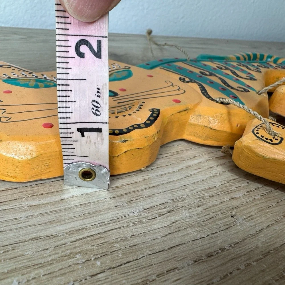 Cat Skeleton Wooden Hand Painted Orange & Turquoise Wind Chime Day Of‎ The Dead